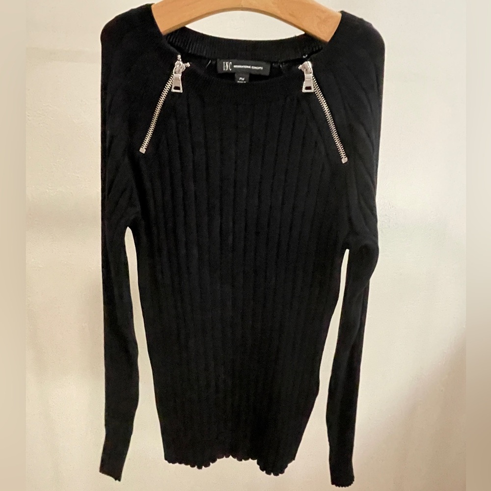 INC International Concepts Ribbed Knit Sweater Top Black Zipper Detail Petite M